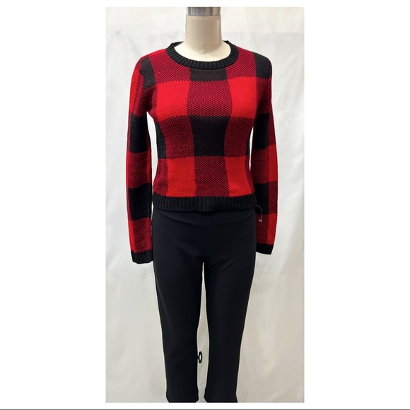 OhMG! Red Black Buffalo Check Plaid Knit Pullover Long Sleeve Sweater - Picture 3 of 15